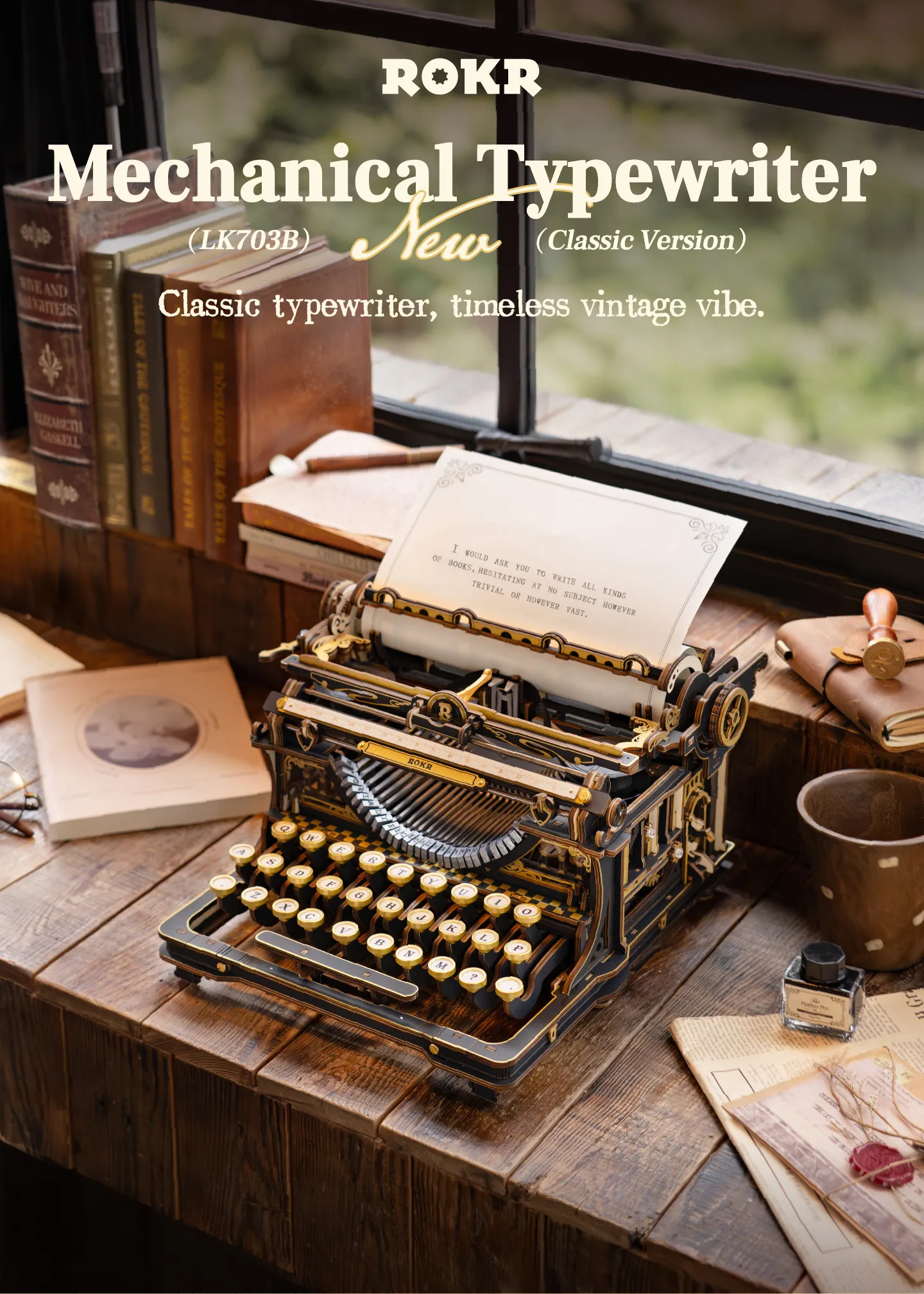 ROKR Mechanical Typewriter - 3D Wooden Model Kit (Classic Version)