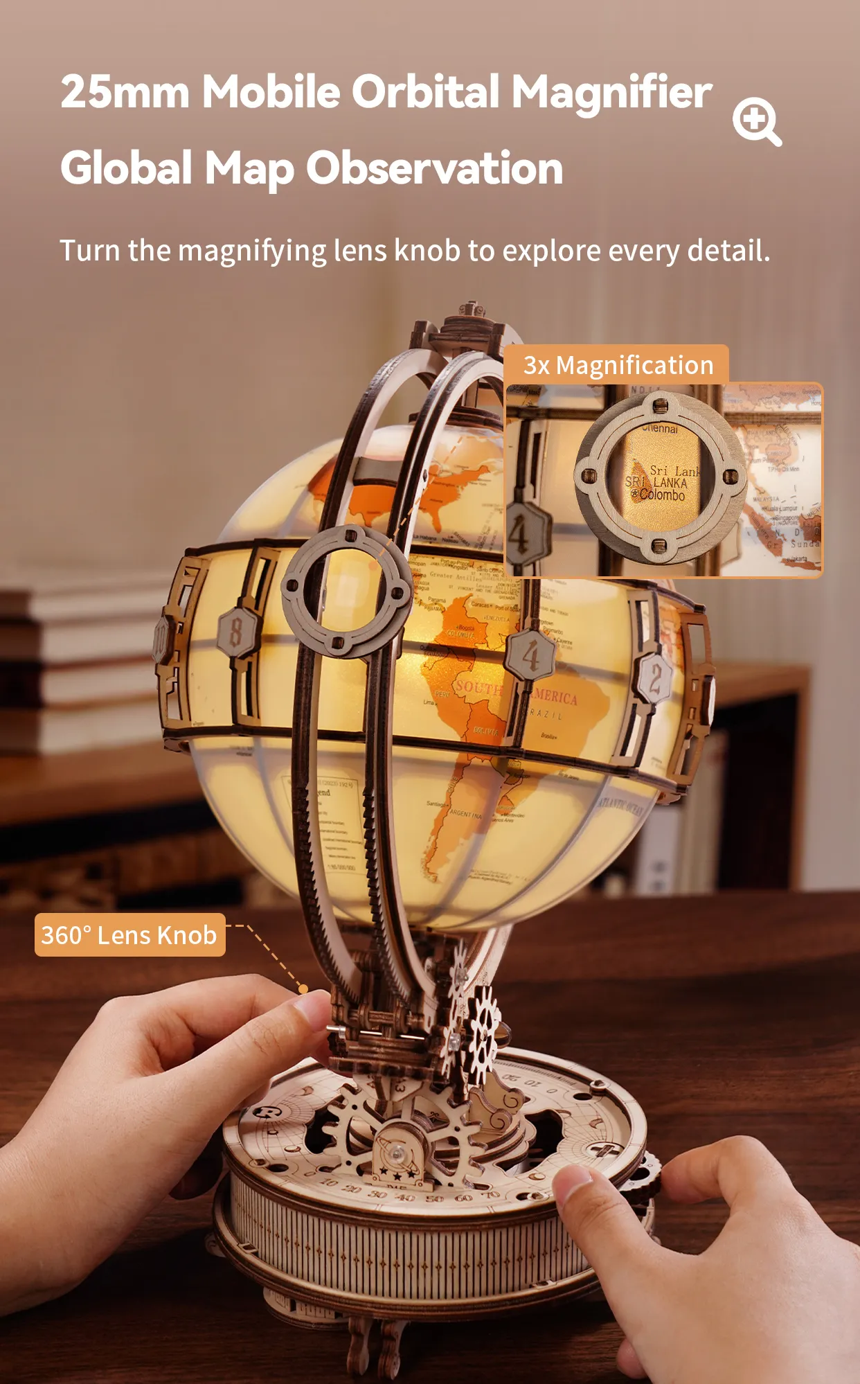 ROKR Luminous Globe - 3D Wooden Globe Model Kit(Electric Version)
