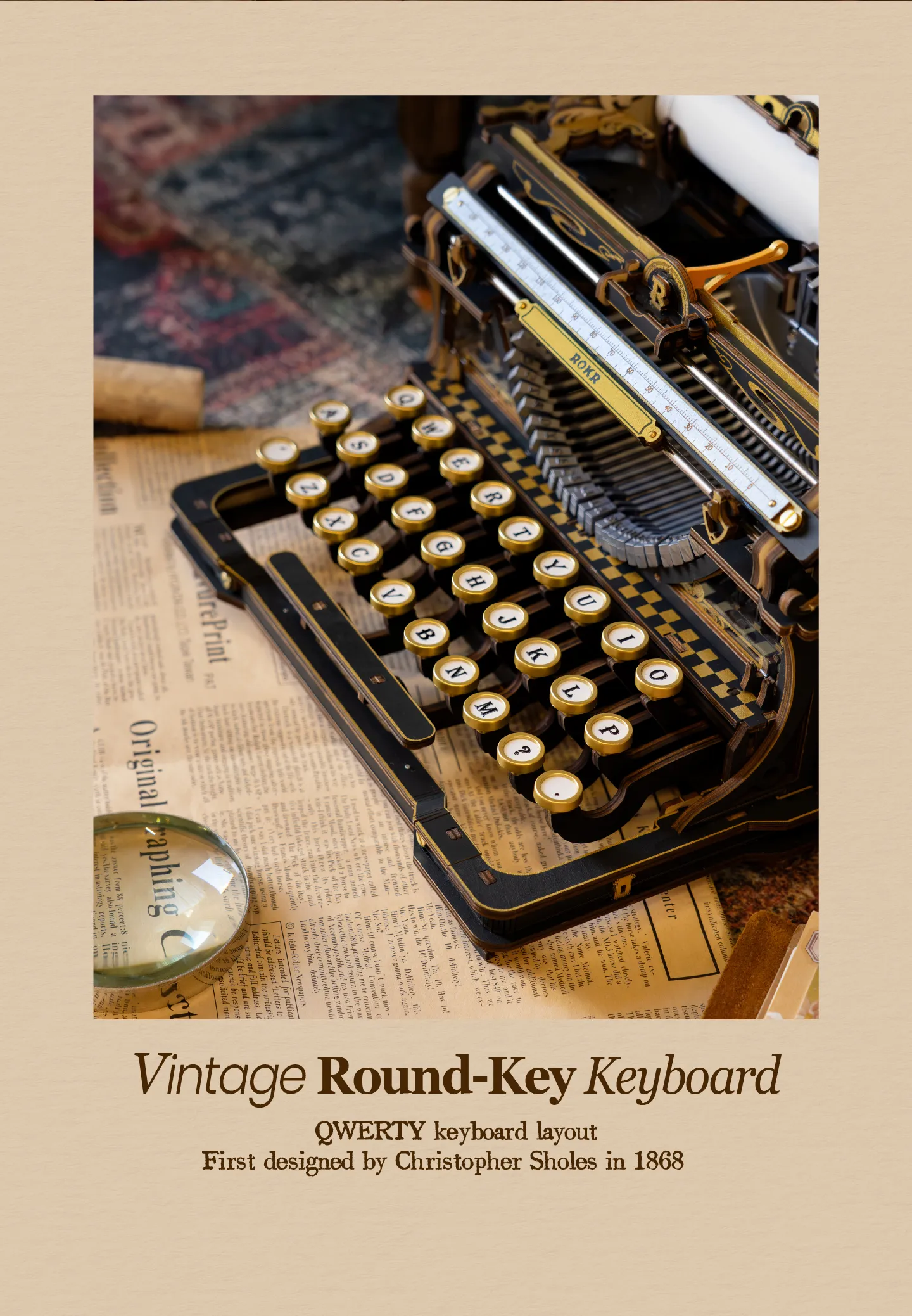 ROKR Mechanical Typewriter - 3D Wooden Model Kit (Classic Version)