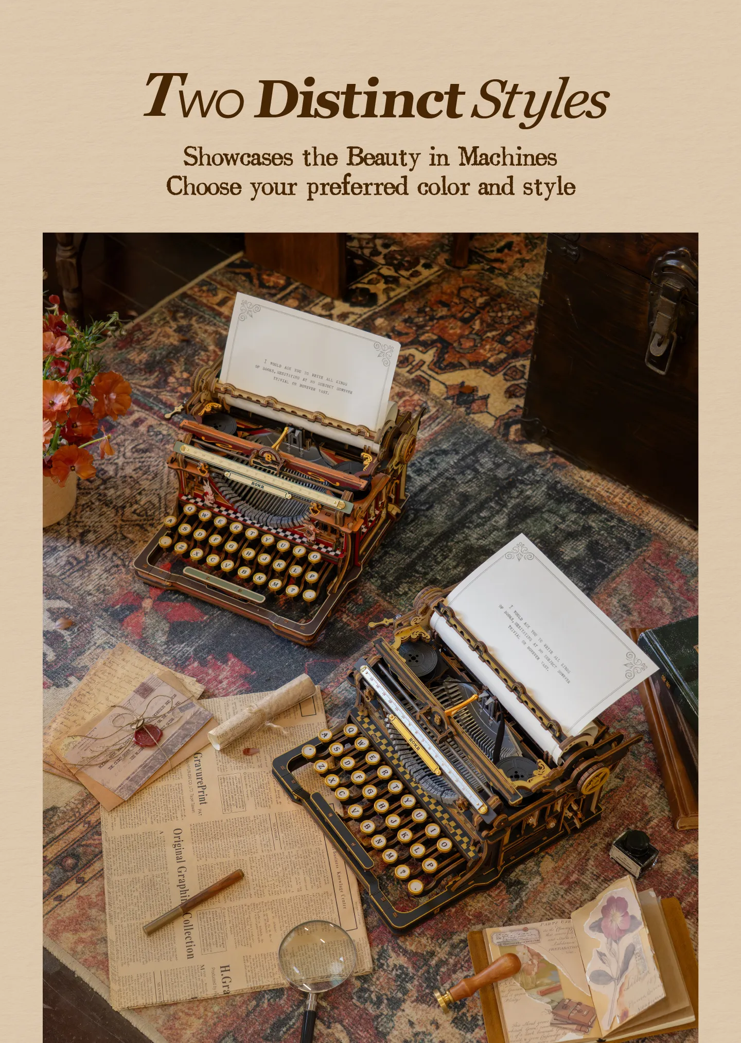 ROKR Mechanical Typewriter - 3D Wooden Model Kit (Classic Version)