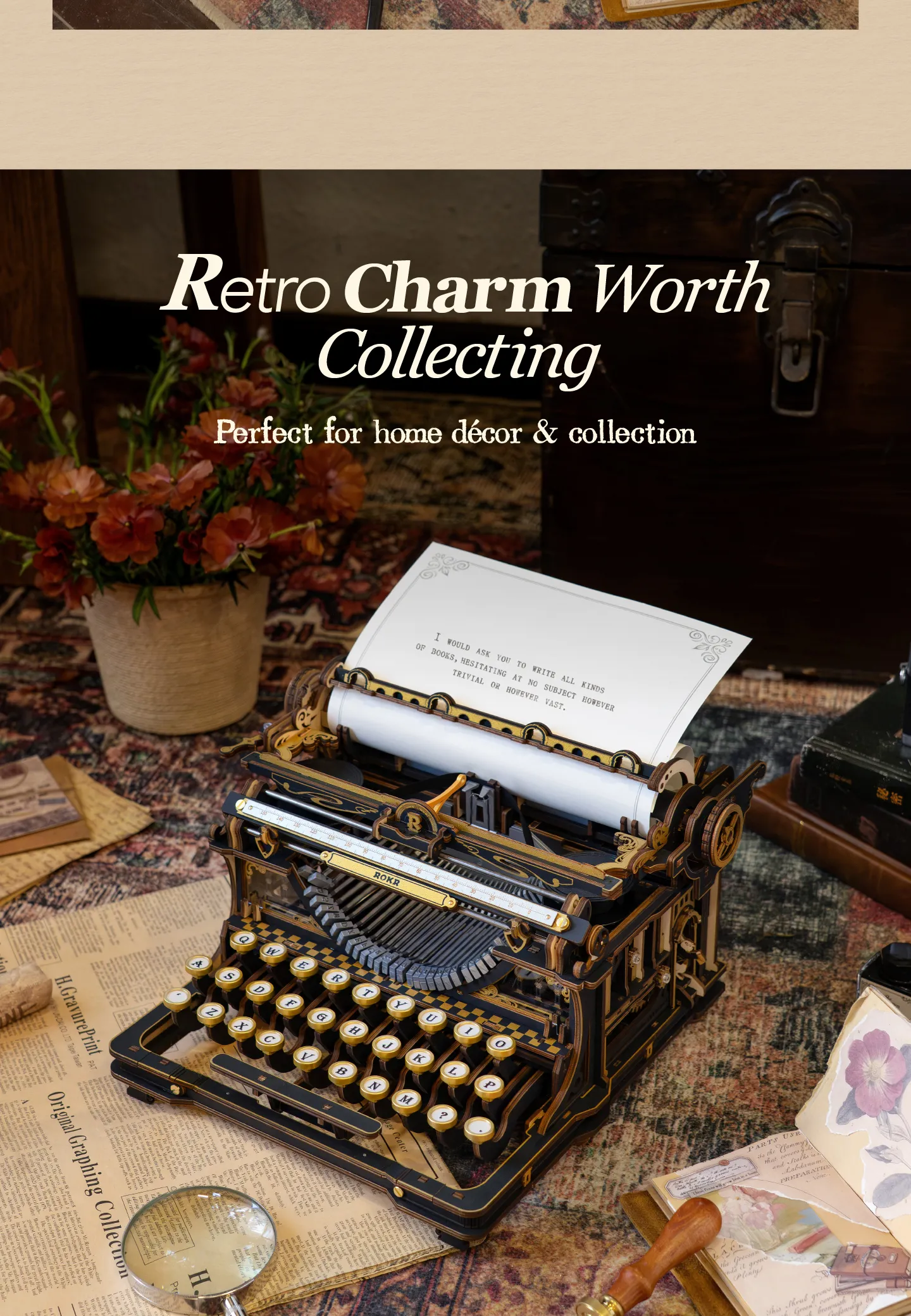 ROKR Mechanical Typewriter - 3D Wooden Model Kit (Classic Version)