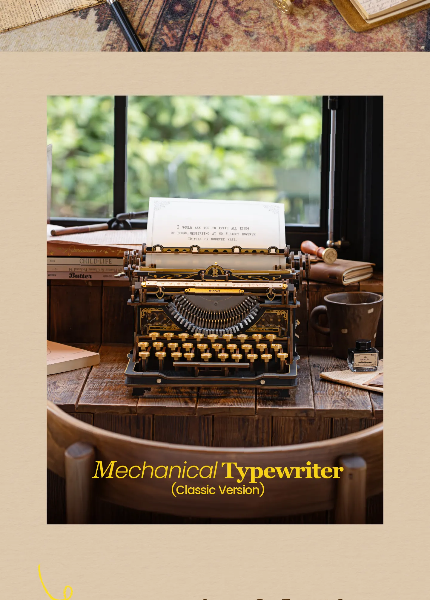 ROKR Mechanical Typewriter - 3D Wooden Model Kit (Classic Version)