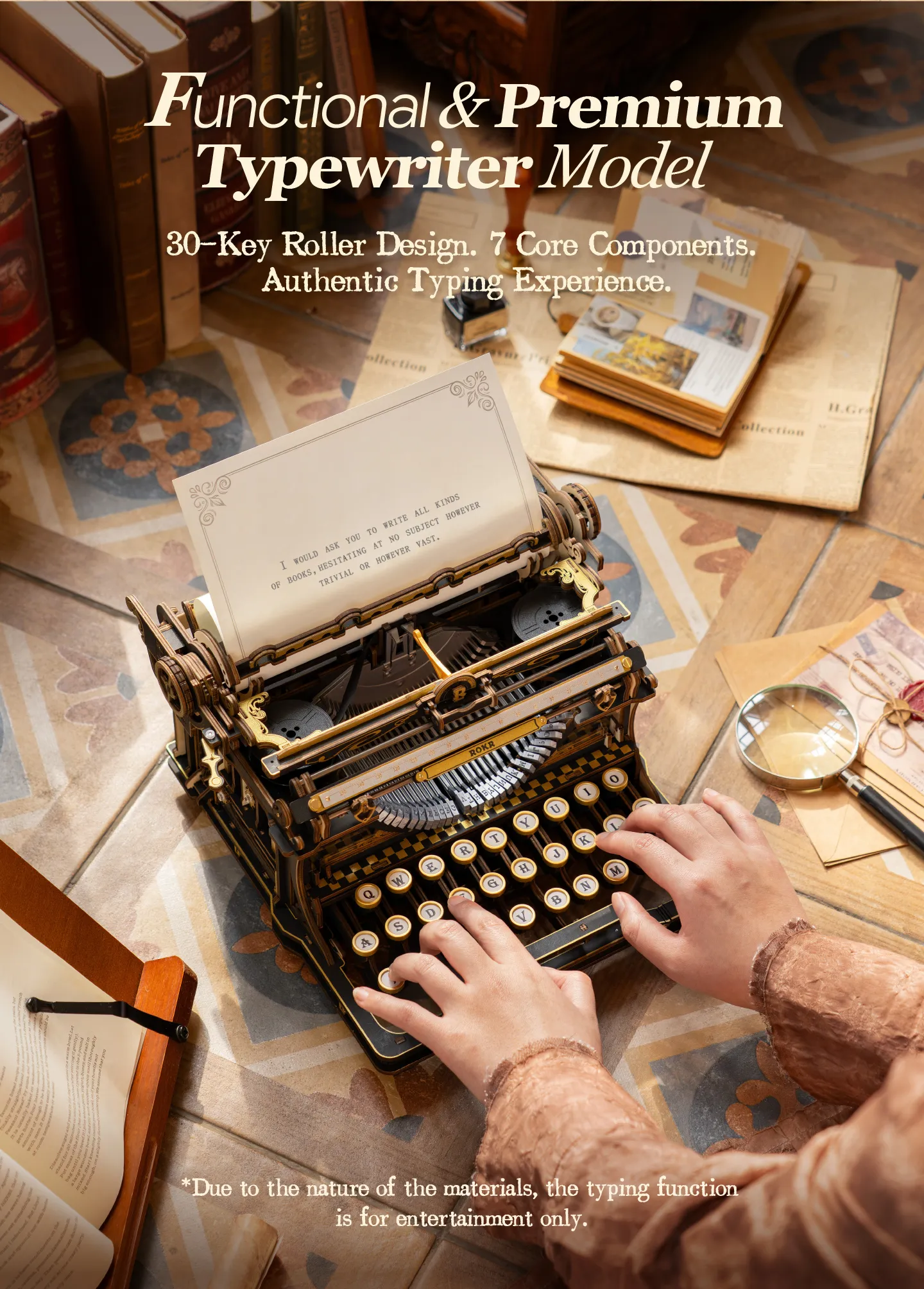ROKR Mechanical Typewriter - 3D Wooden Model Kit (Classic Version)